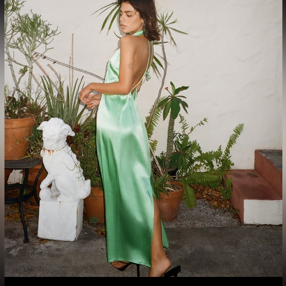 ZARA SATIN EFFECT GREEN HALTER DRESS